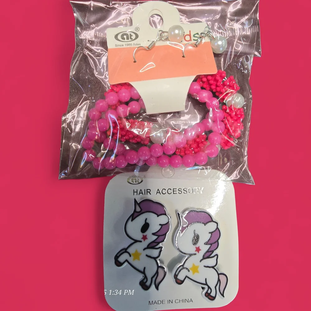 Pink Unicorn Hair Accessory Bracelet Earrings Set